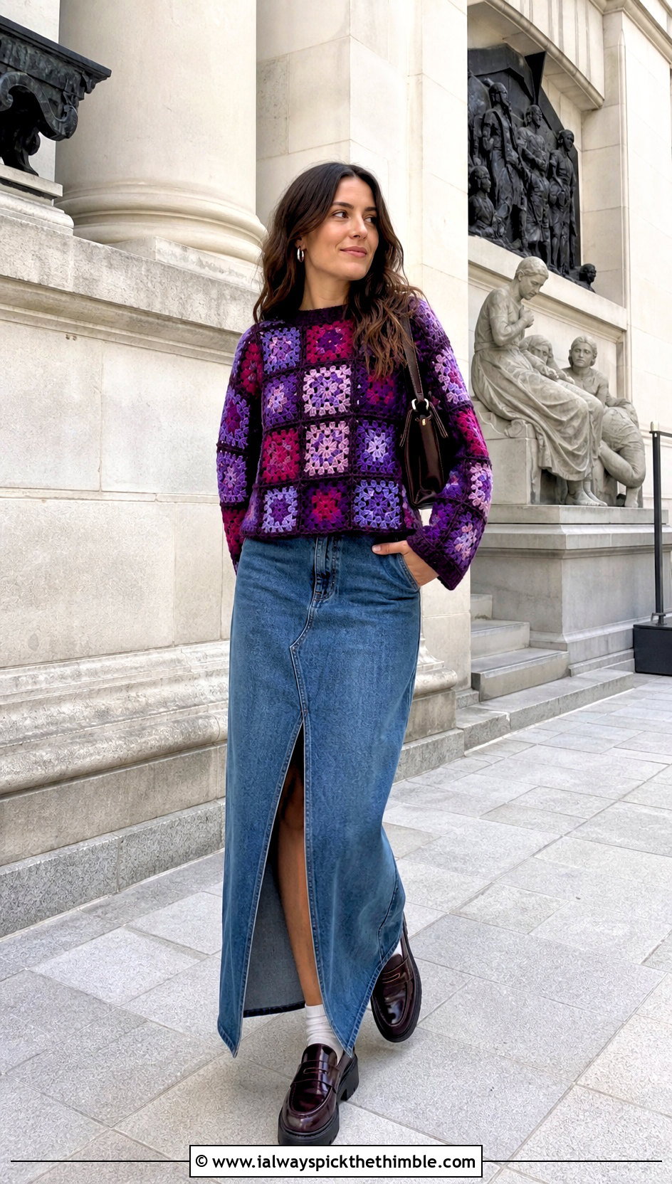 Purple Granny Square Crochet Sweater With Denim Maxi Skirt - 15 Purple Crochet Sweater outfit ideas