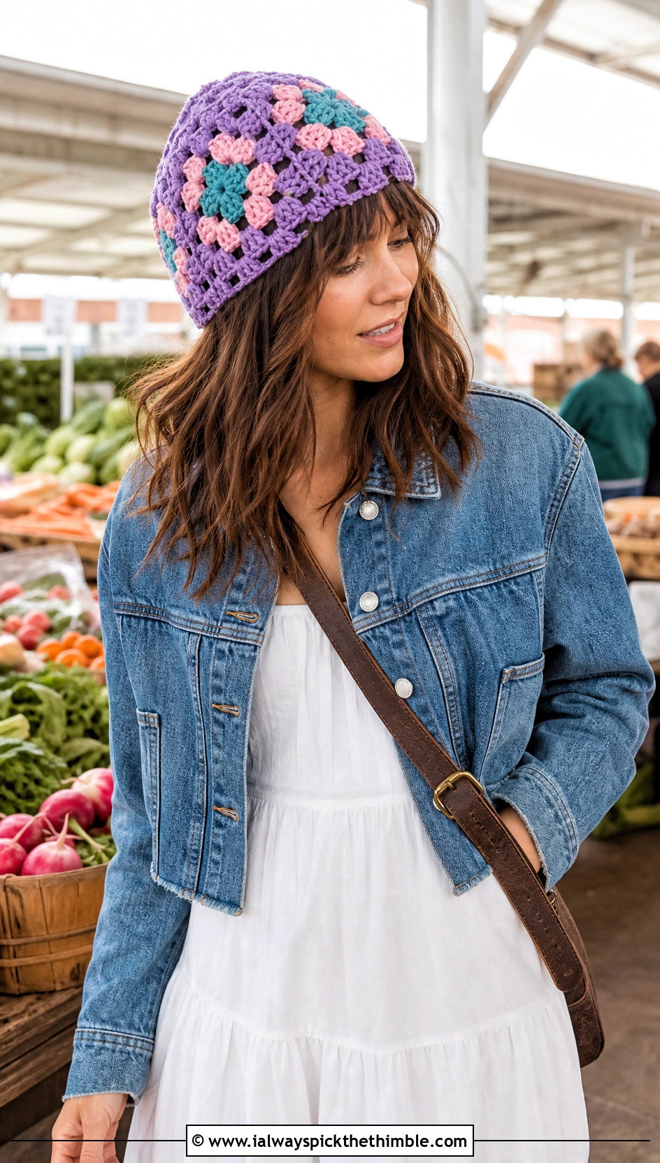 Purple Granny Stitch Crochet Beanie With White Midi Dress - 20 purple crochet beanie outfit ideas
