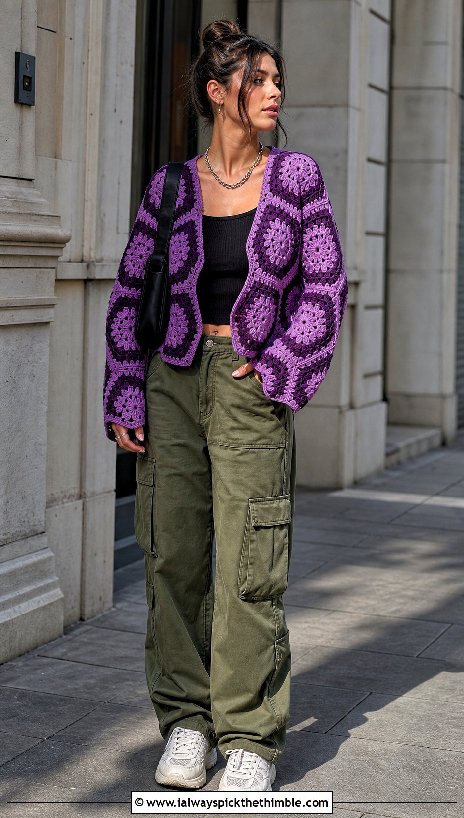 Purple Hexagon Crochet Cardigan With Cargo Pants - 25 purple crochet cardigan outfit ideas