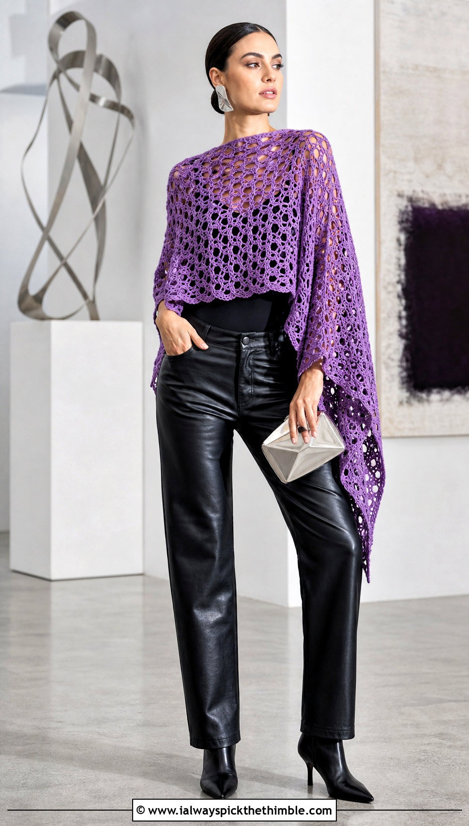 Purple Mesh Crochet Poncho With Leather Pants - 15 Purple Crocheted Poncho outfit ideas