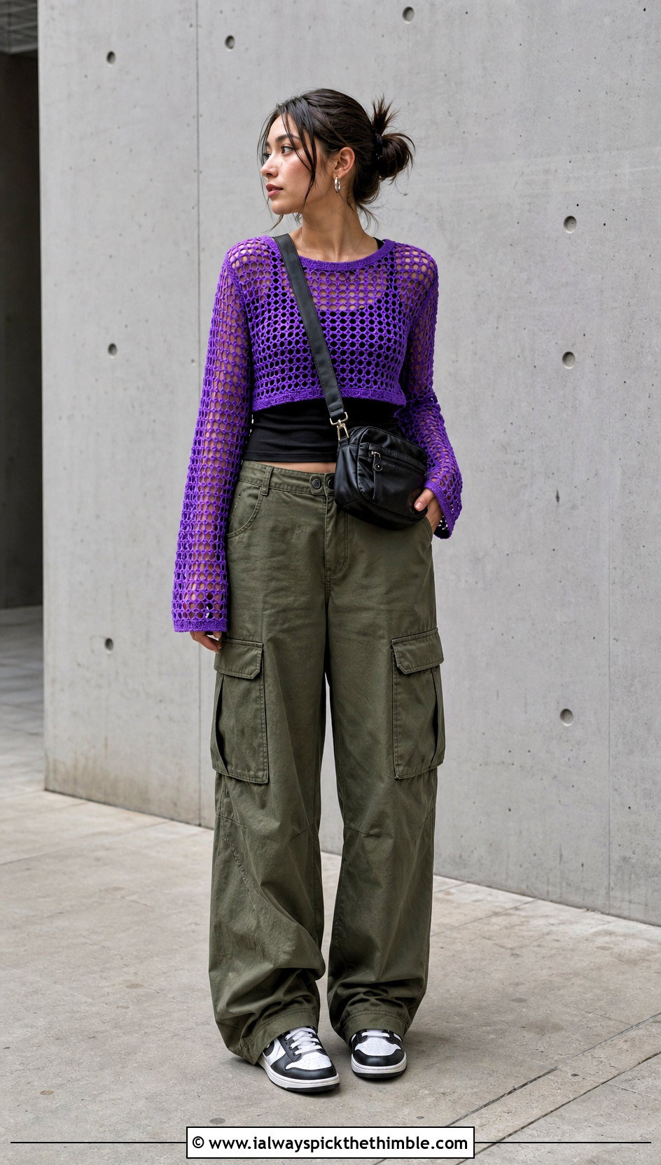 Purple Mesh Long Sleeve Crochet Top With Cargo Pants - 15 purple crochet top design outfit ideas