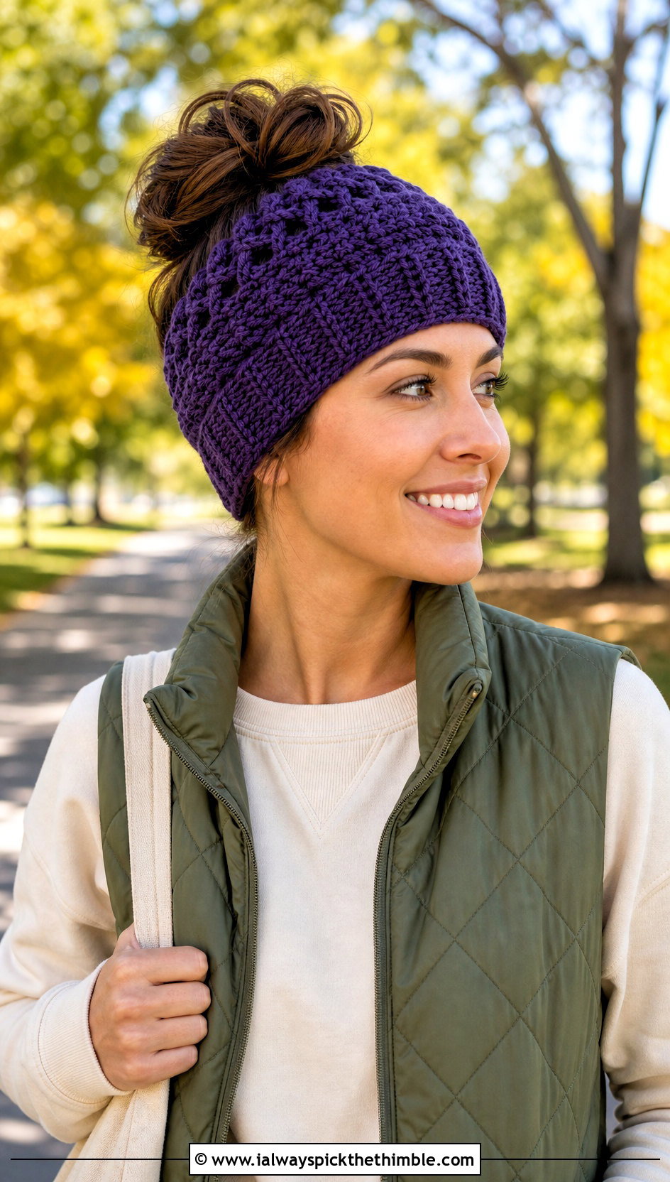 Purple Messy Bun Crochet Beanie With Quilted Vest - 20 purple crochet beanie outfit ideas