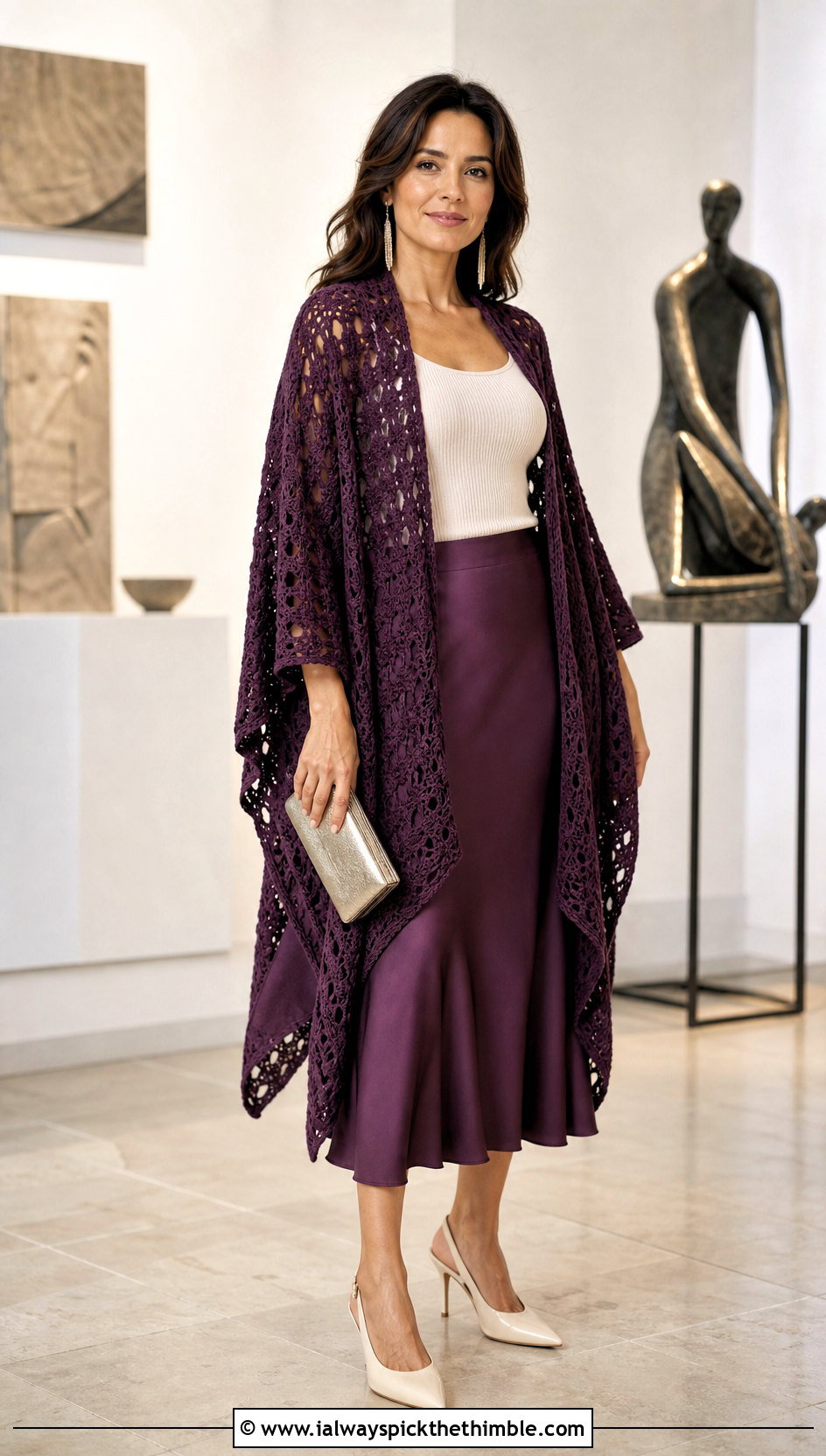 Purple Open Front Ruana Poncho With Satin Skirt - 15 Purple Crocheted Poncho outfit ideas
