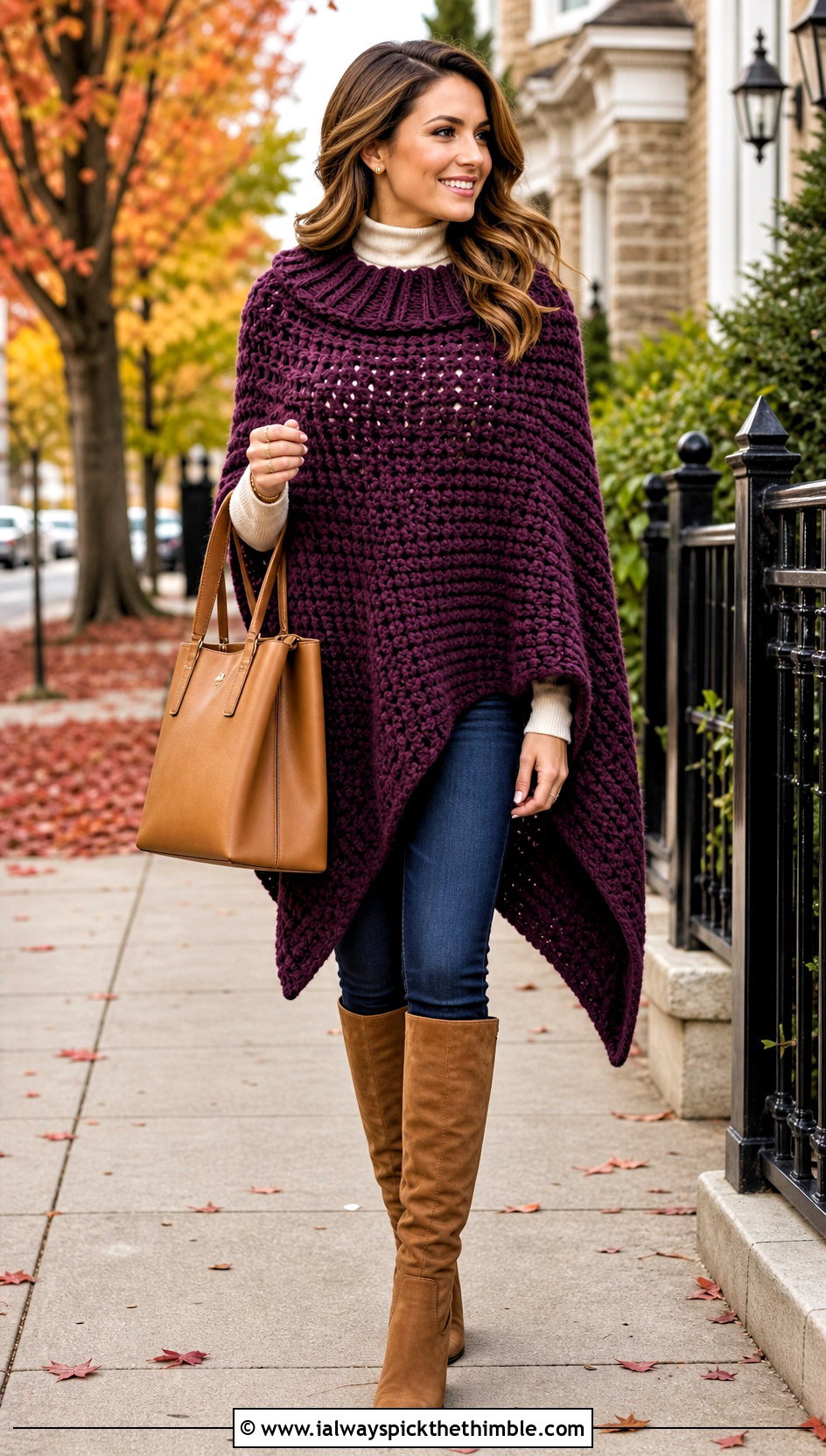Purple Oversized Blanket Poncho With Skinny Jeans - 15 Purple Crocheted Poncho outfit ideas
