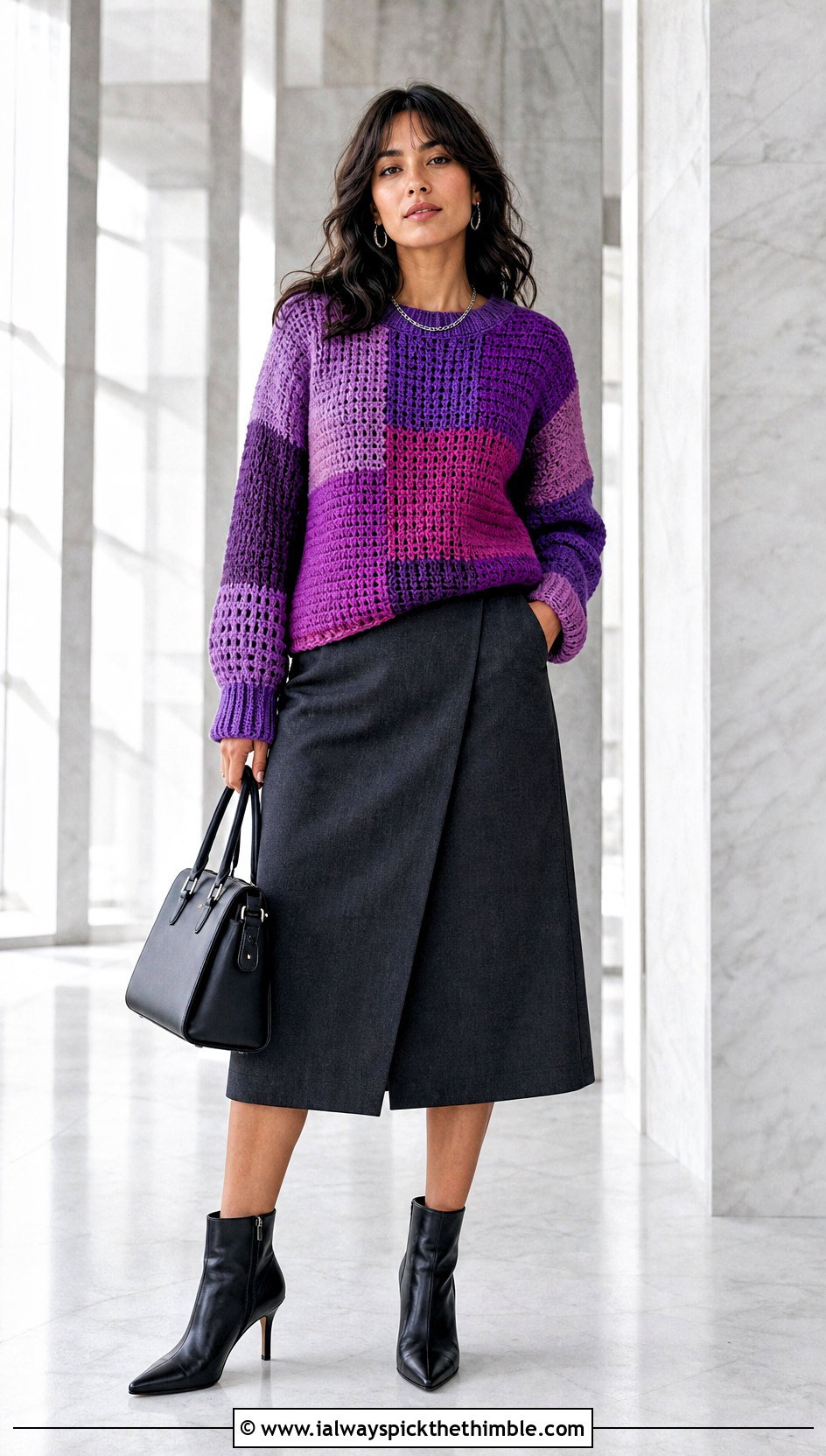 Purple Patchwork Crochet Sweater With Tailored Midi Skirt - 15 Purple Crochet Sweater outfit ideas