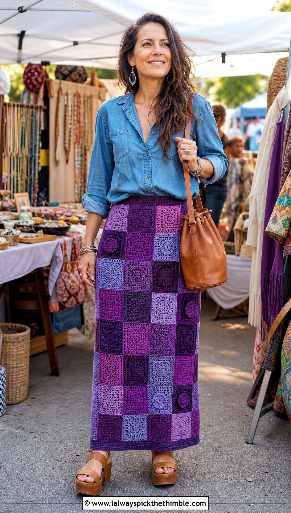 Purple Patchwork Maxi Skirt With Denim Shirt - 20 purple crochet skirt outfit ideas