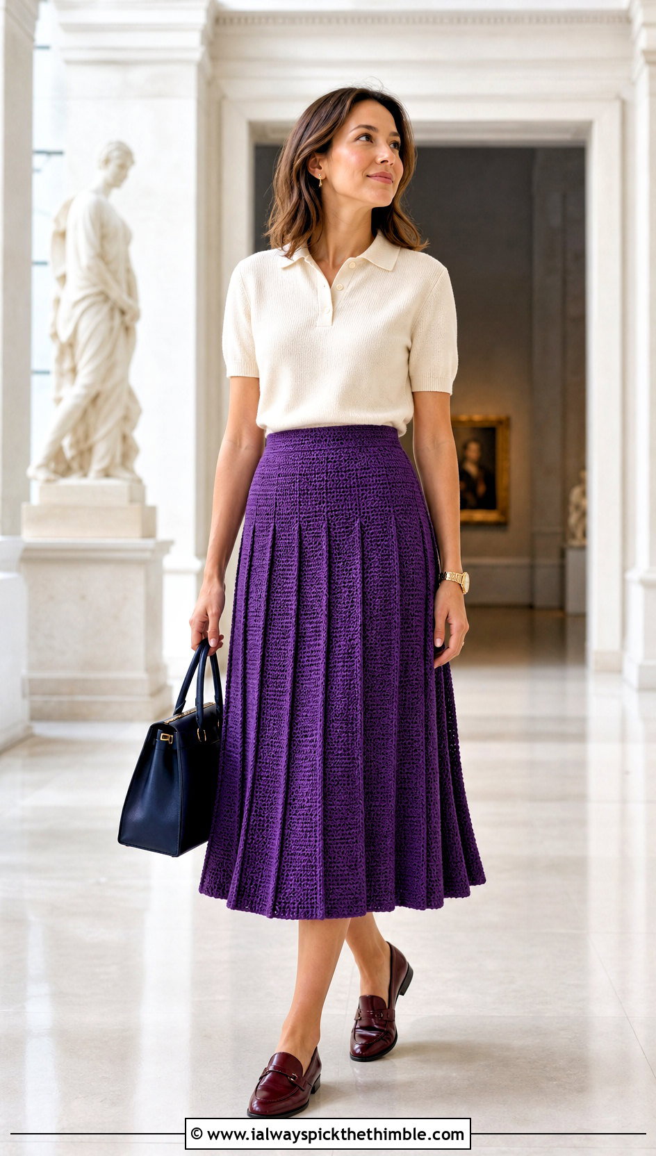 Purple Pleated Crochet Midi Skirt With Polo Sweater - 20 purple crochet skirt outfit ideas