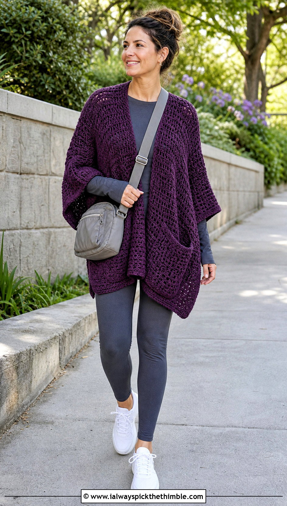 Purple Pocket Poncho With Athleisure Leggings - 15 Purple Crocheted Poncho outfit ideas