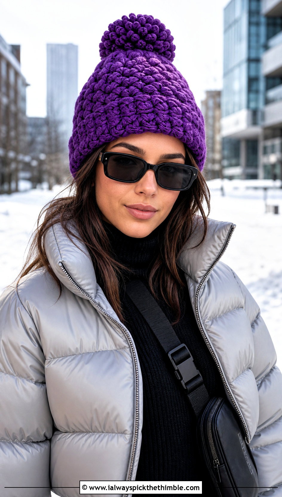 Purple Pom Pom Crochet Beanie With Puffer Jacket - 20 purple crochet beanie outfit ideas