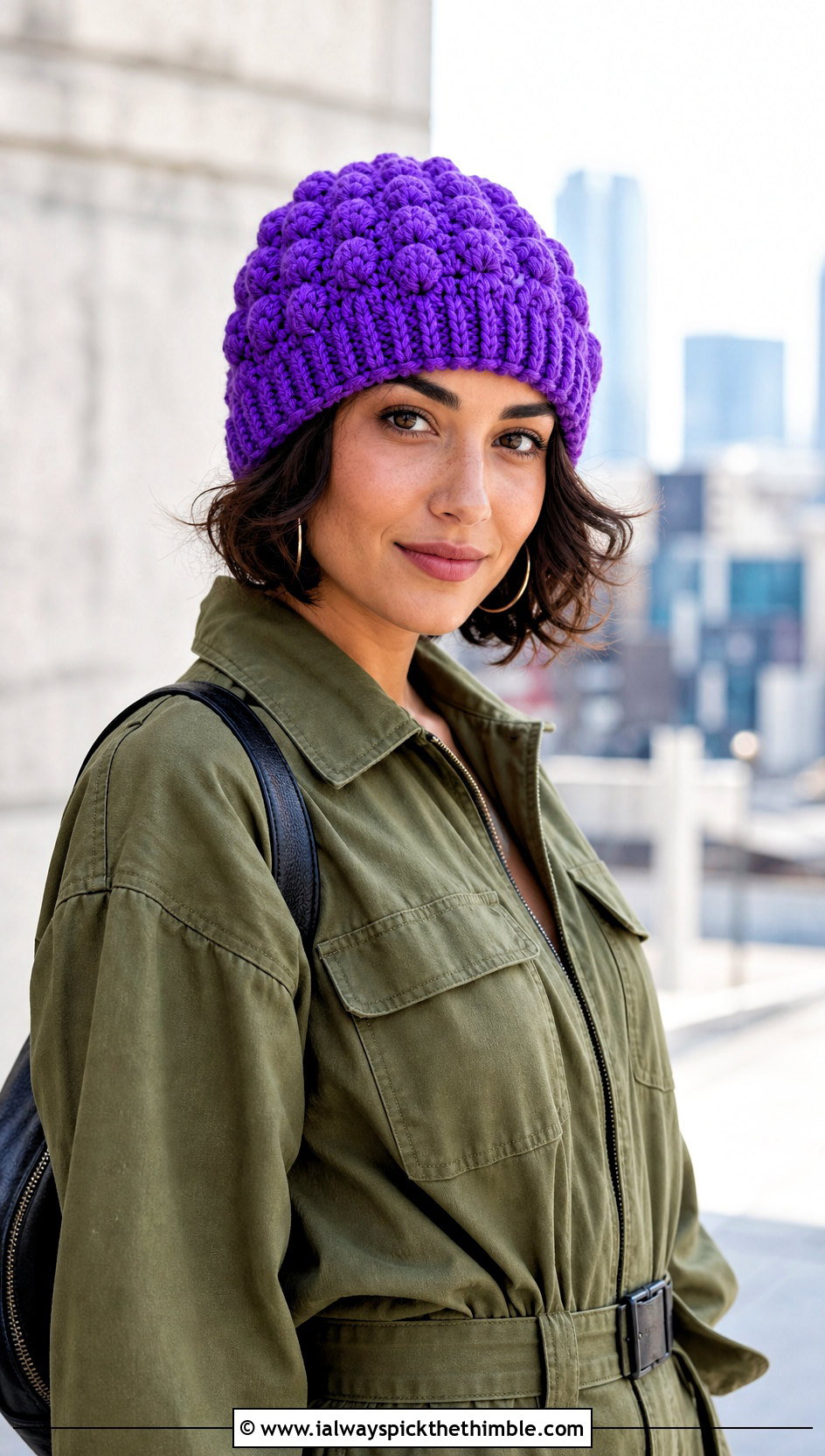 Purple Puff Stitch Crochet Beanie With Utility Jumpsuit - 20 purple crochet beanie outfit ideas