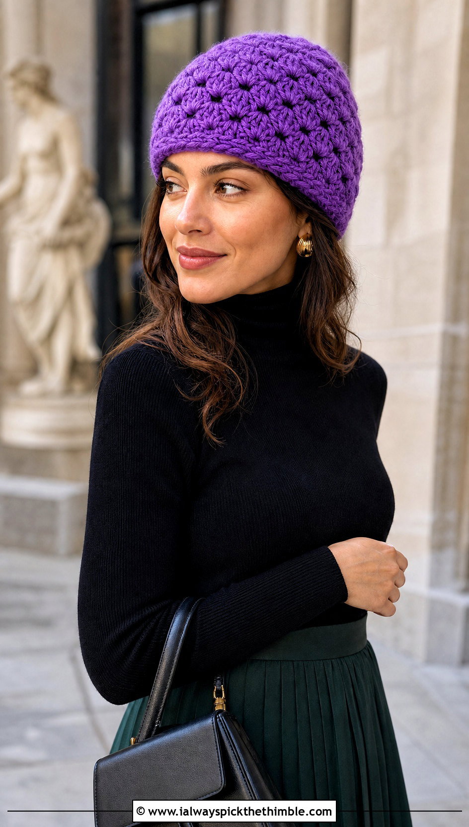 Purple Shell Stitch Crochet Beanie With Pleated Skirt - 20 purple crochet beanie outfit ideas