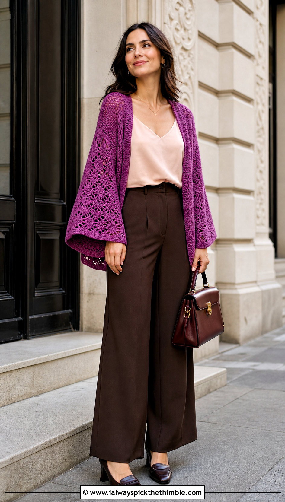Purple Sleeved Swancho With Wide Leg Trousers - 15 Purple Crocheted Poncho outfit ideas