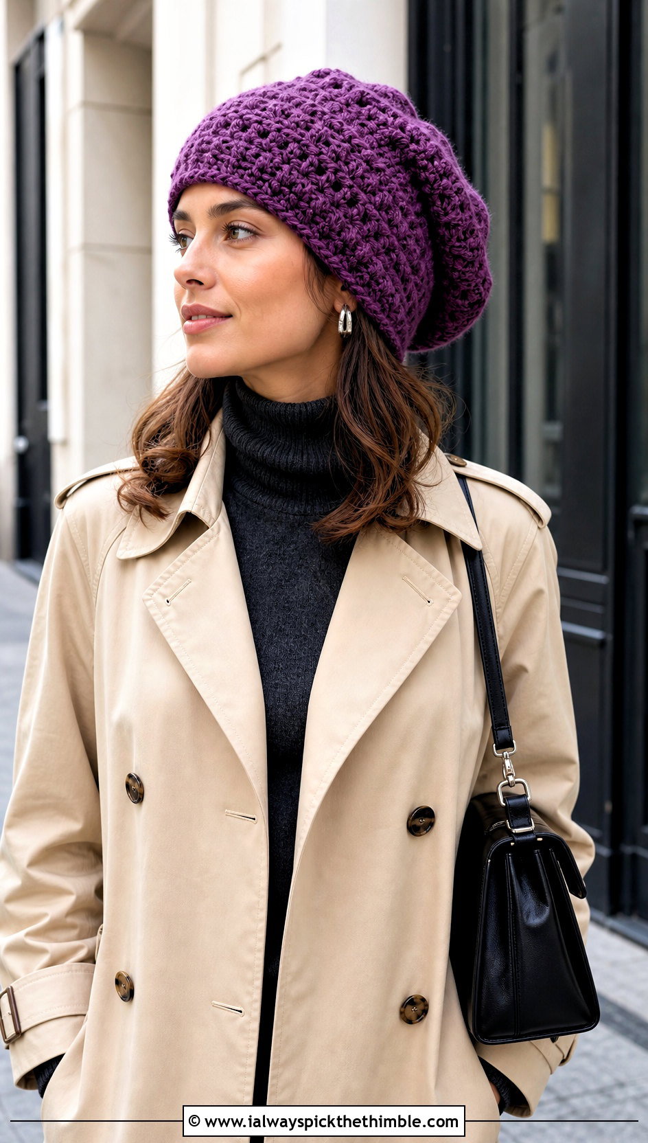 Purple Slouchy Crochet Beanie With Trench Coat - 20 purple crochet beanie outfit ideas
