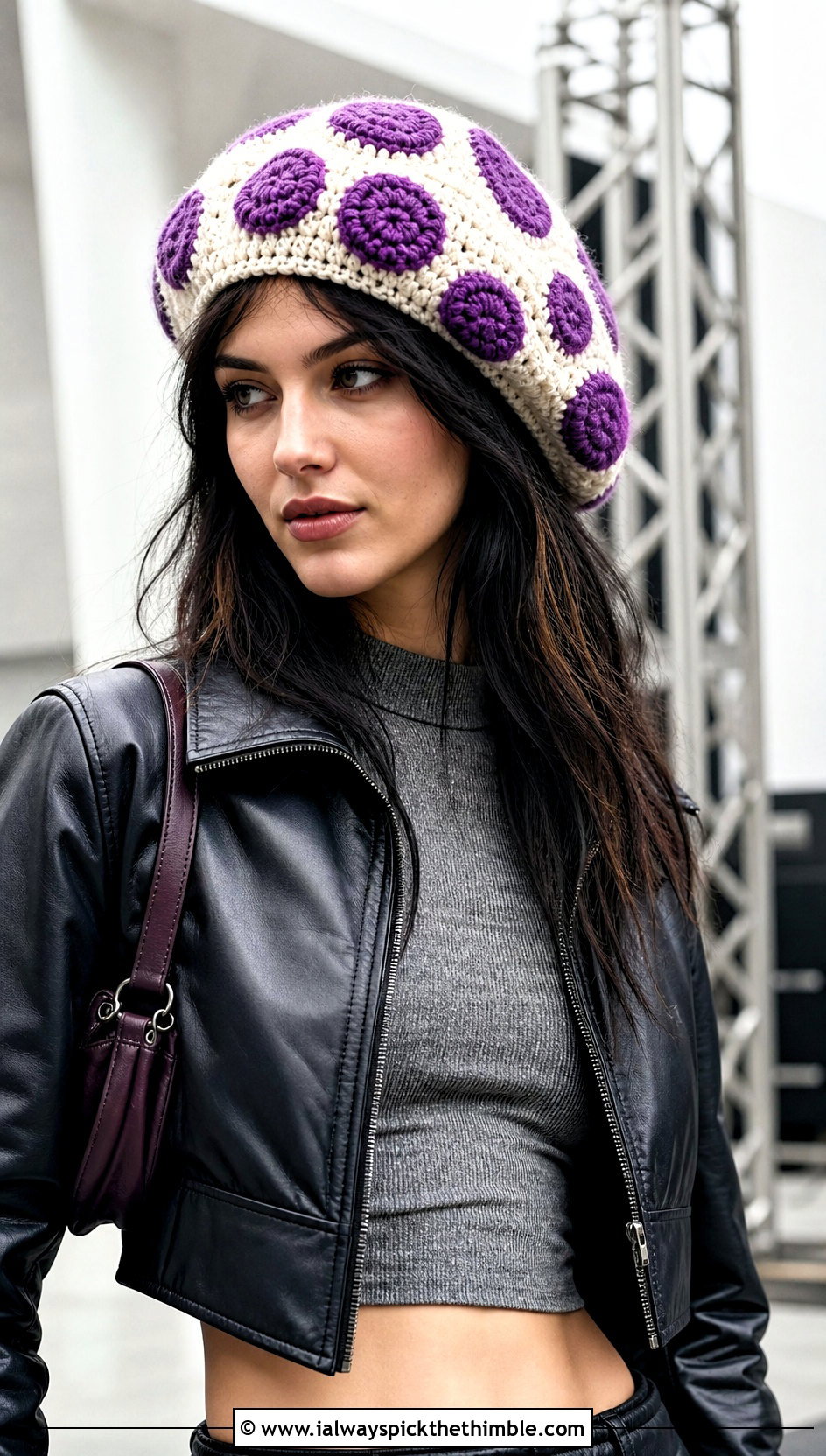 Purple Spotted Mushroom Beret With Leather Jacket Outfit - 15 Mario Toad Crochet Hat outfit ideas