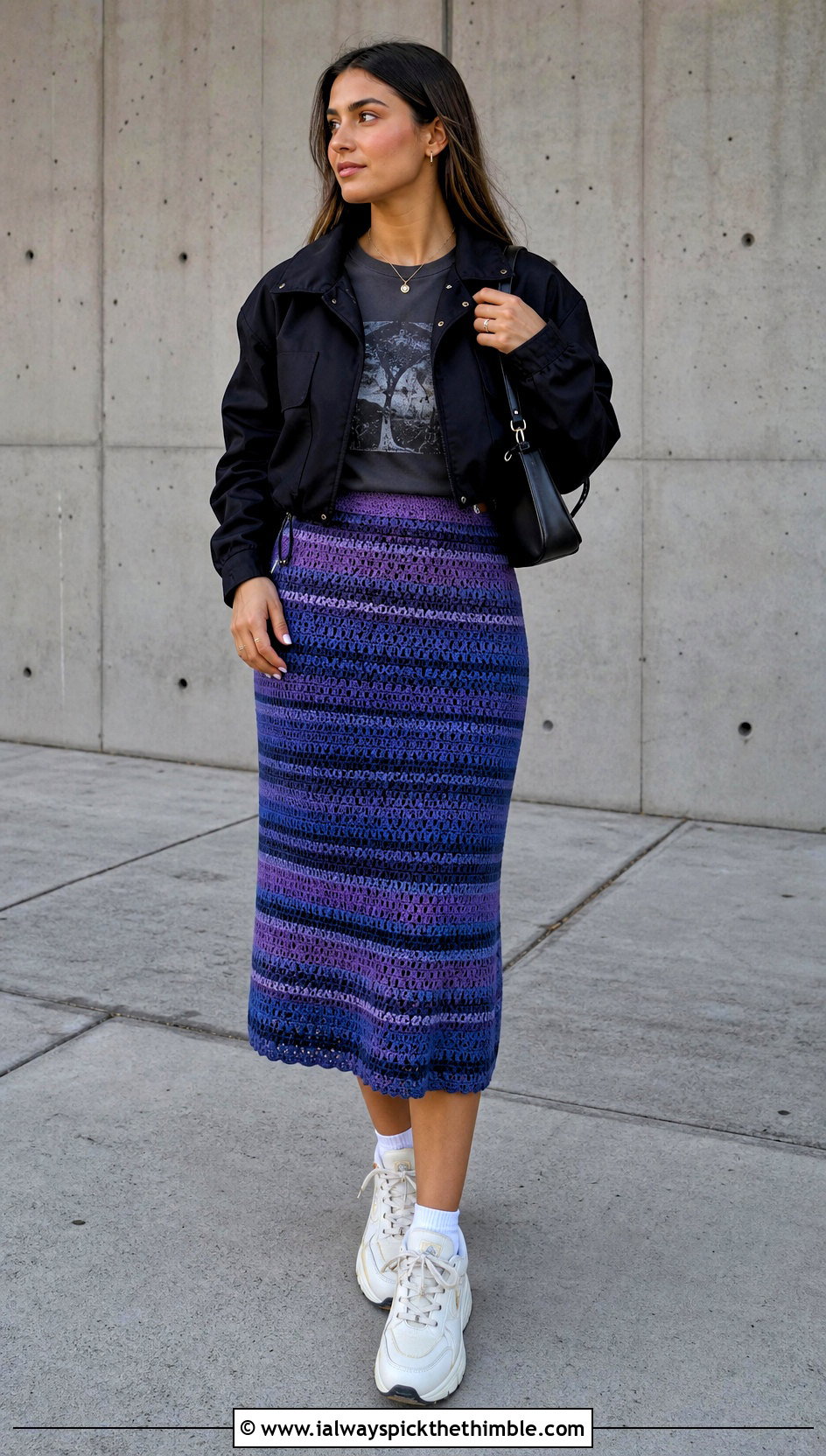 Purple Striped A Line Skirt With Graphic T Shirt - 20 purple crochet skirt outfit ideas