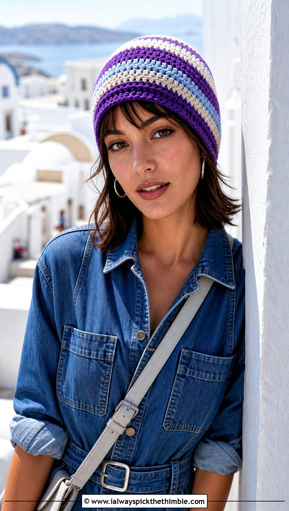 Purple Striped Crochet Beanie With Denim Jumpsuit - 20 purple crochet beanie outfit ideas