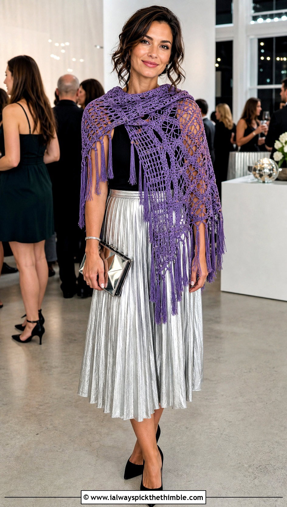 Purple Tassel Poncho With Metallic Midi Skirt - 15 Purple Crocheted Poncho outfit ideas