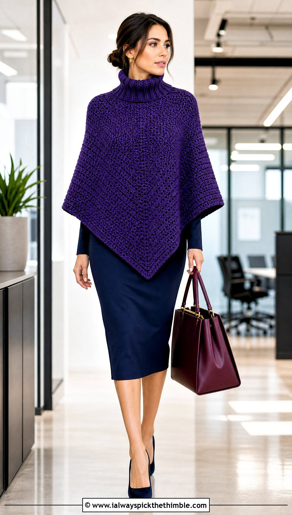Purple Turtleneck Crochet Poncho With Pencil Skirt - 15 Purple Crocheted Poncho outfit ideas