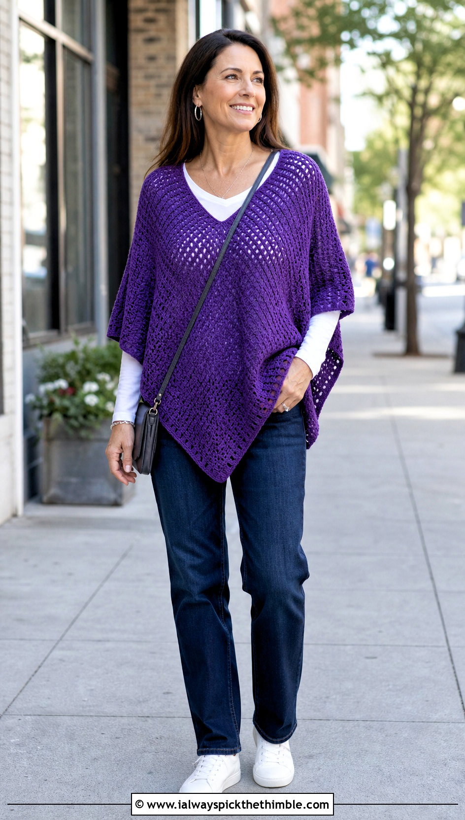 Purple V Neck Crochet Poncho With Straight Leg Jeans - 15 Purple Crocheted Poncho outfit ideas