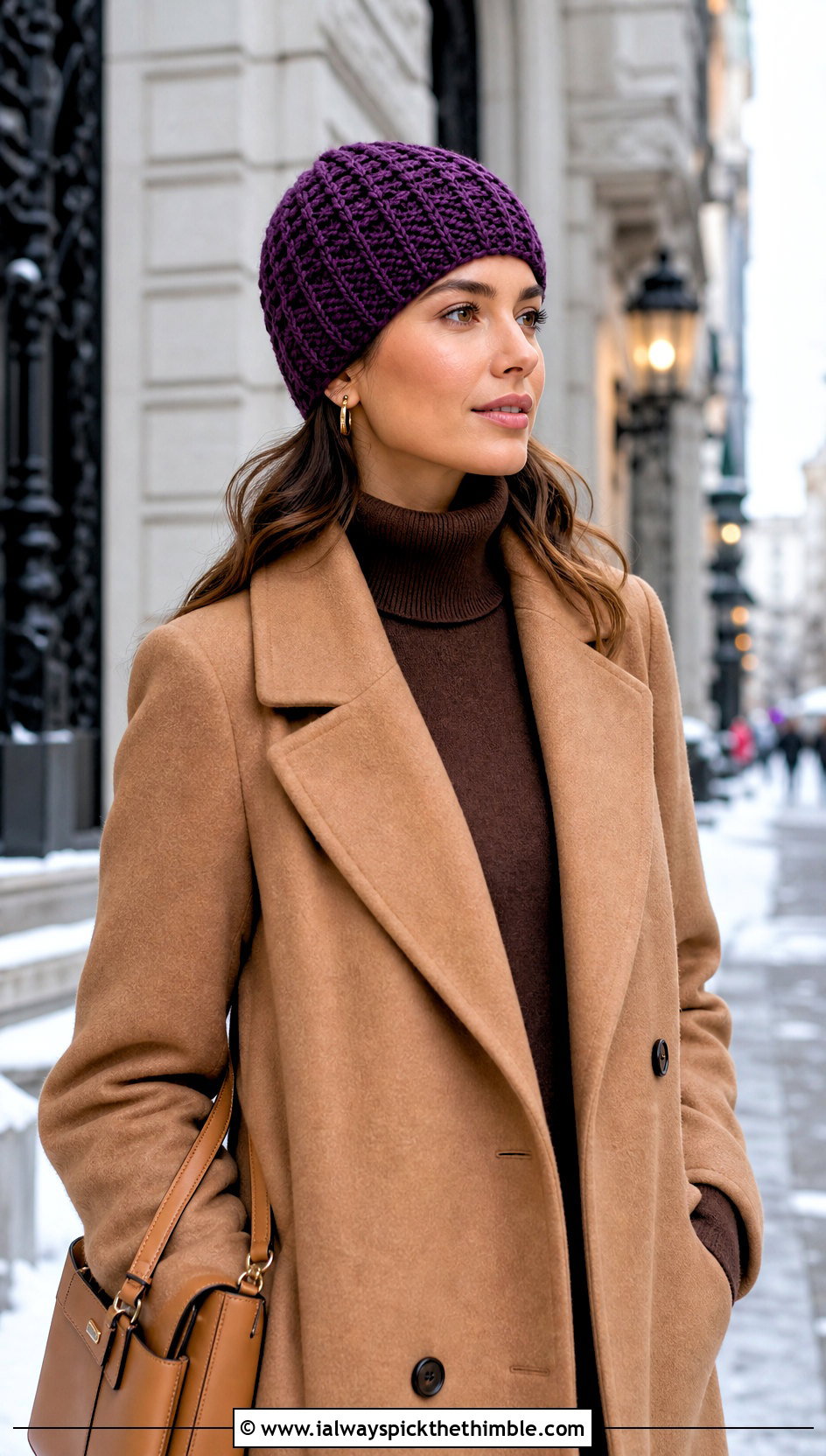 Purple Waffle Stitch Crochet Beanie With Wool Coat - 20 purple crochet beanie outfit ideas