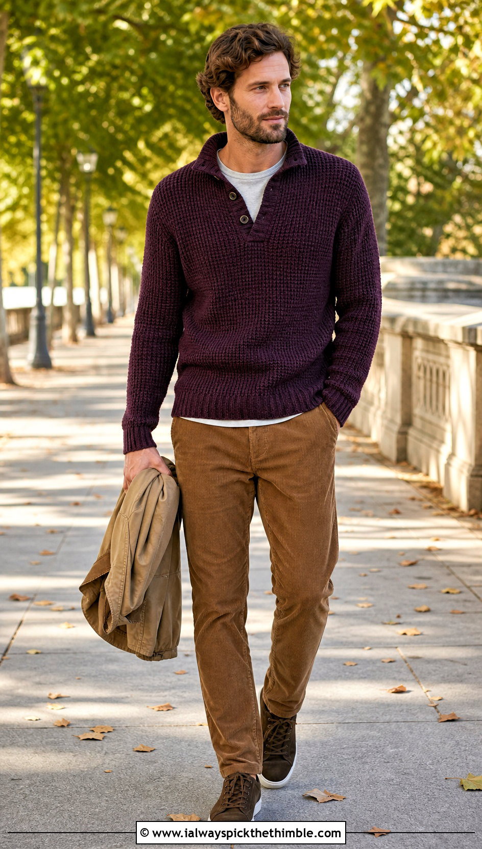Quarter Button Crochet Sweater With Corduroy Pants - 20 man crochet sweater outfit ideas