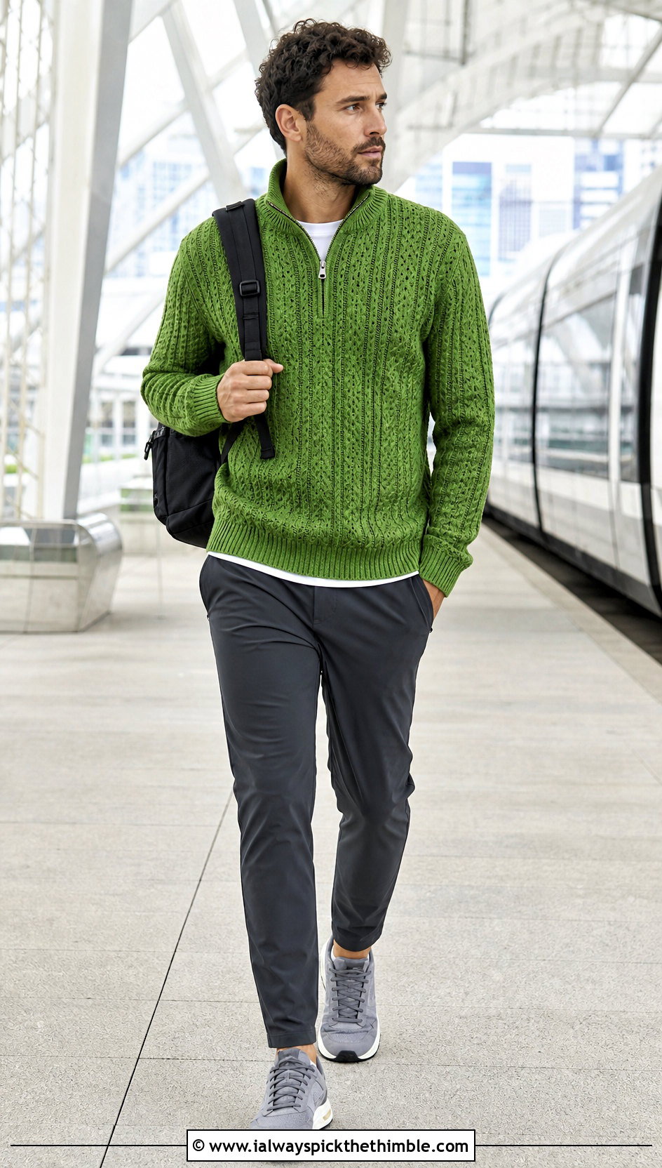 Quarter Zip Cable Crochet Sweater With Technical Pants - 15 Mens Cable Crochet Sweater outfit ideas