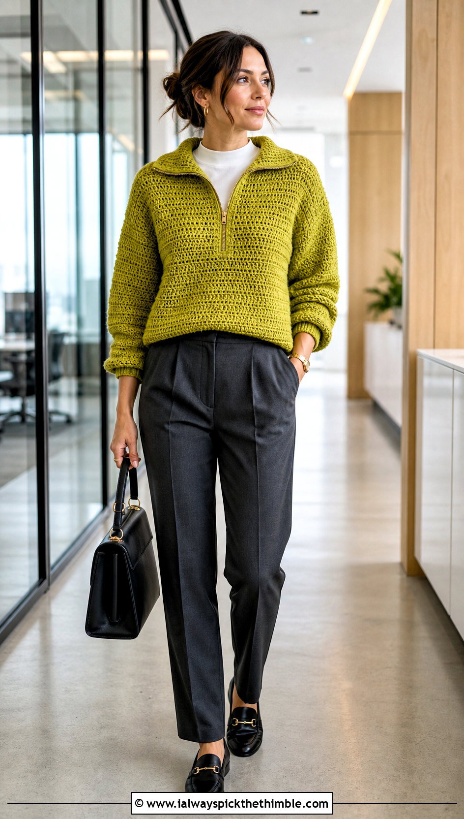 Quarter Zip Chunky Crochet Hoodie With Tailored Trousers - 20 crochet chunky hoodie outfit ideas