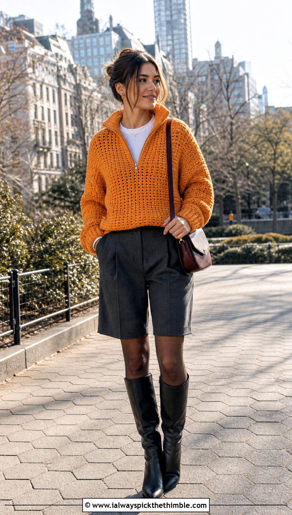 Quarter Zip Chunky Crochet Sweater With Tailored Shorts - 25 chunky crochet sweater outfit ideas