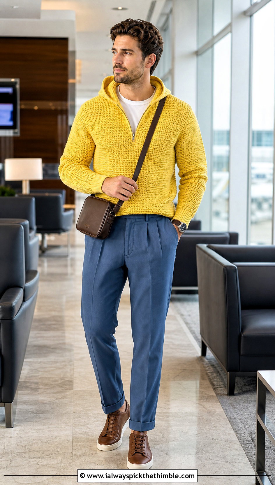 Quarter Zip Crochet Hoodie With Pleated Pants - 25 crochet hoodie for men outfit ideas