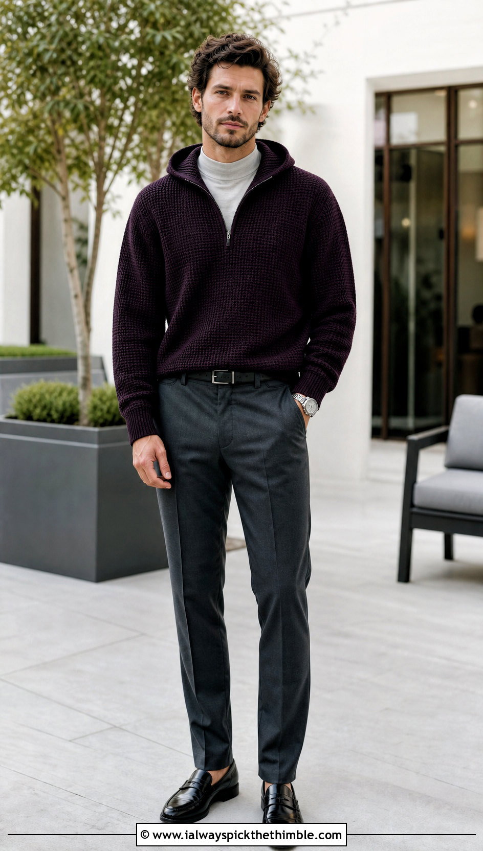 Quarter Zip Crochet Hoodie With Tailored Trousers - 20 crochet mens hoodie outfit ideas
