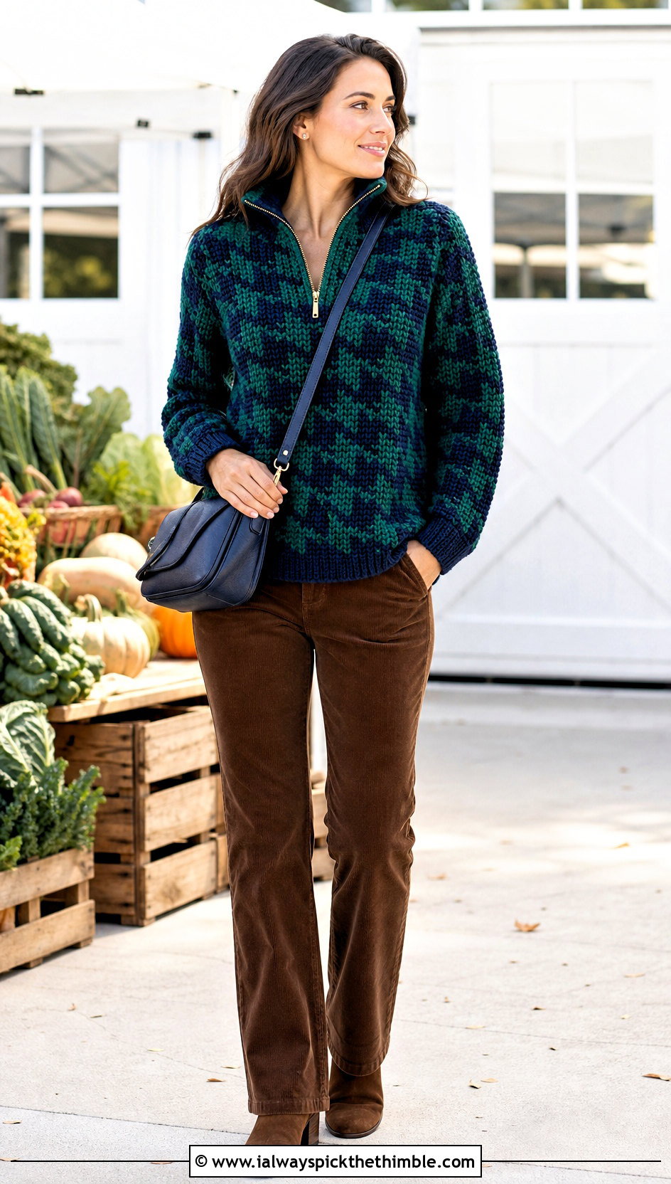 Quarter Zip Crochet Houndstooth Sweater With Corduroy Pants - 25 crochet houndstooth sweater outfit ideas