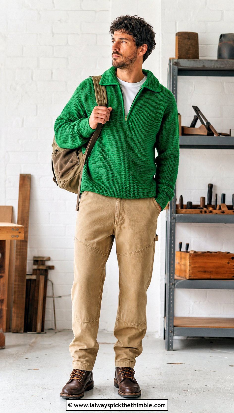 Quarter Zip Crochet Jumper With Workwear Pants - 20 mens crochet jumper outfit ideas