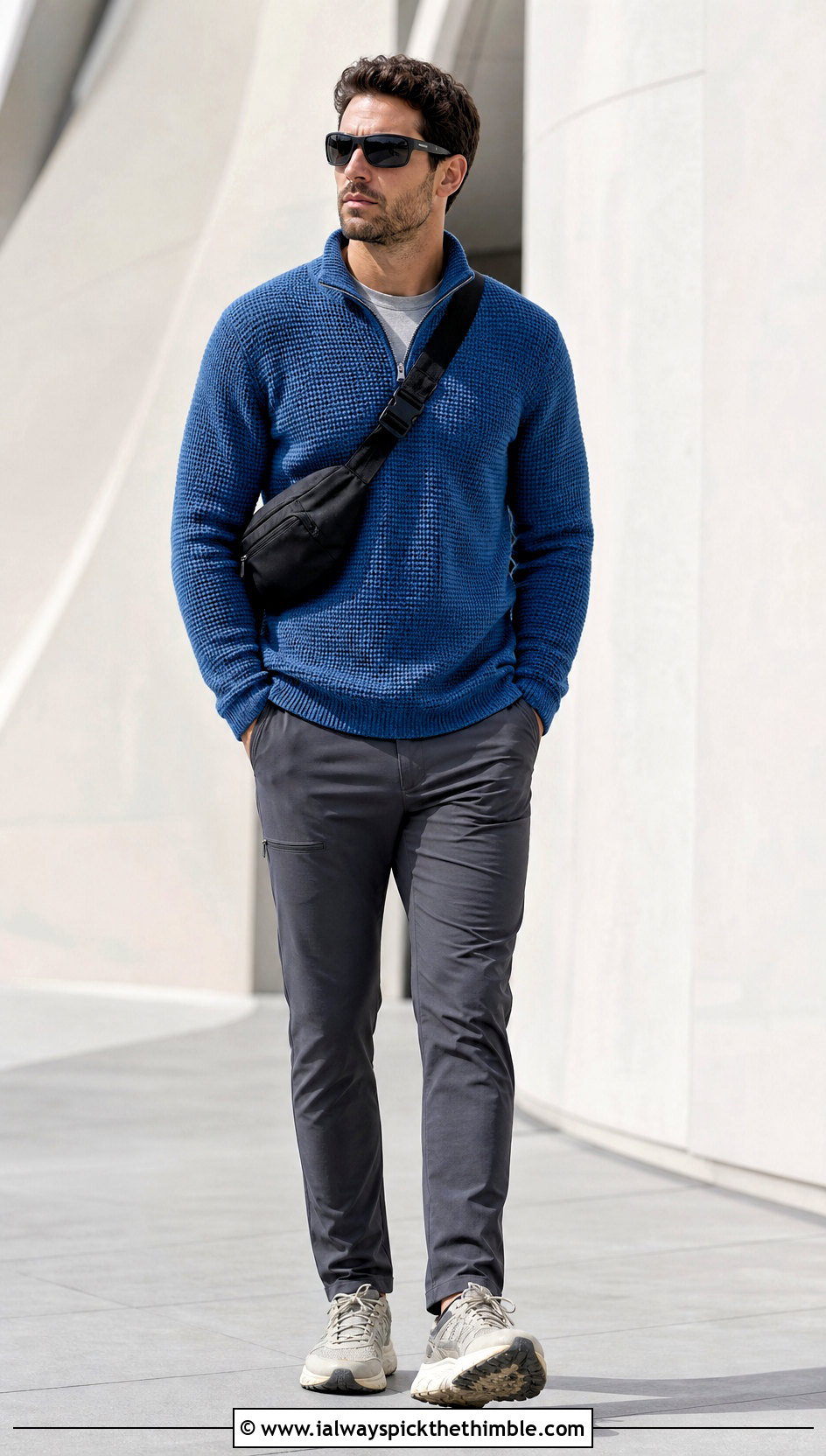 Quarter Zip Crochet Sweater With Technical Pants - 20 men's crochet sweater outfit ideas