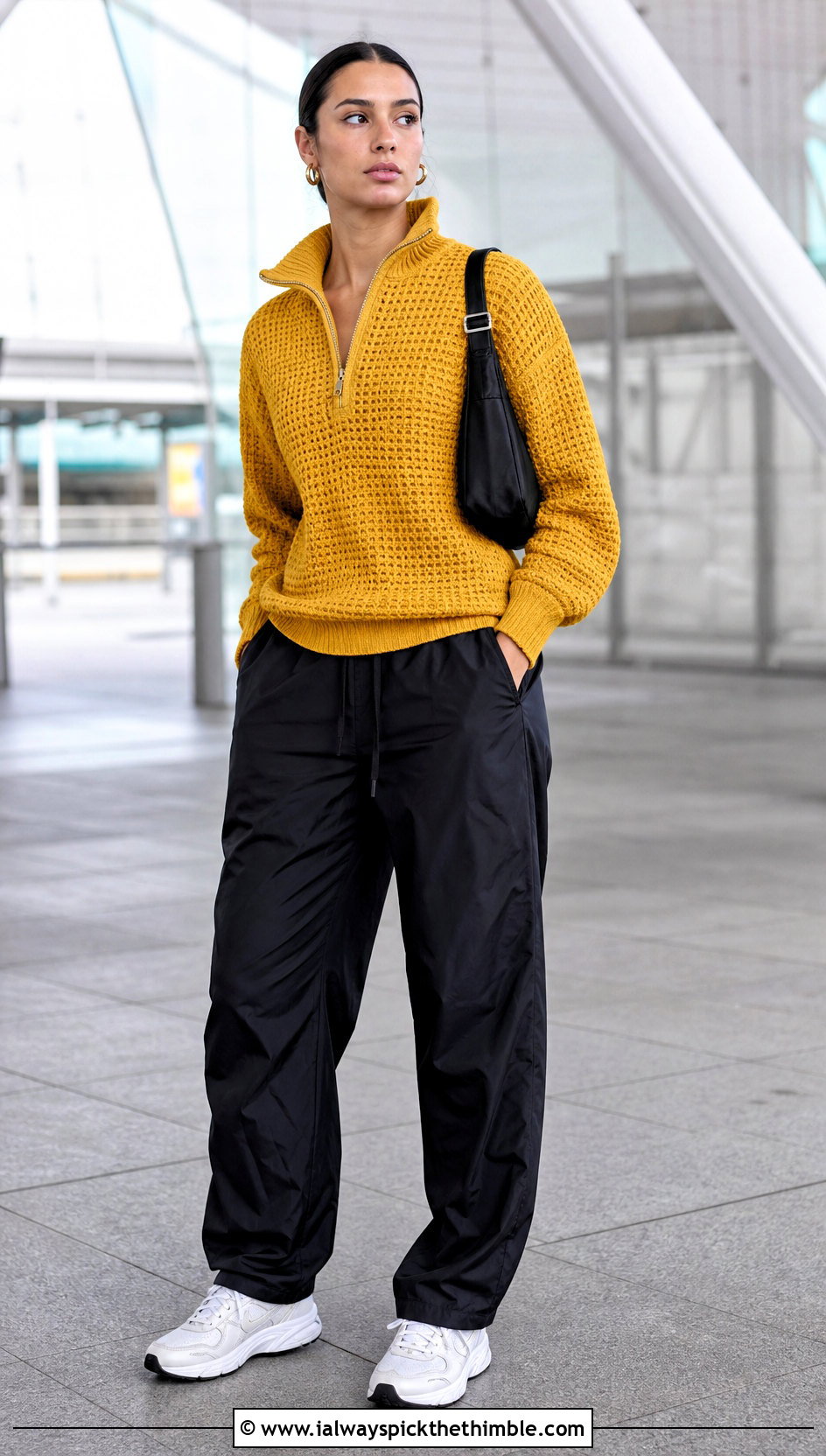 Quarter Zip Crochet Turtle Neck Sweater With Parachute Pants - 25 crochet turtle neck sweater outfit ideas