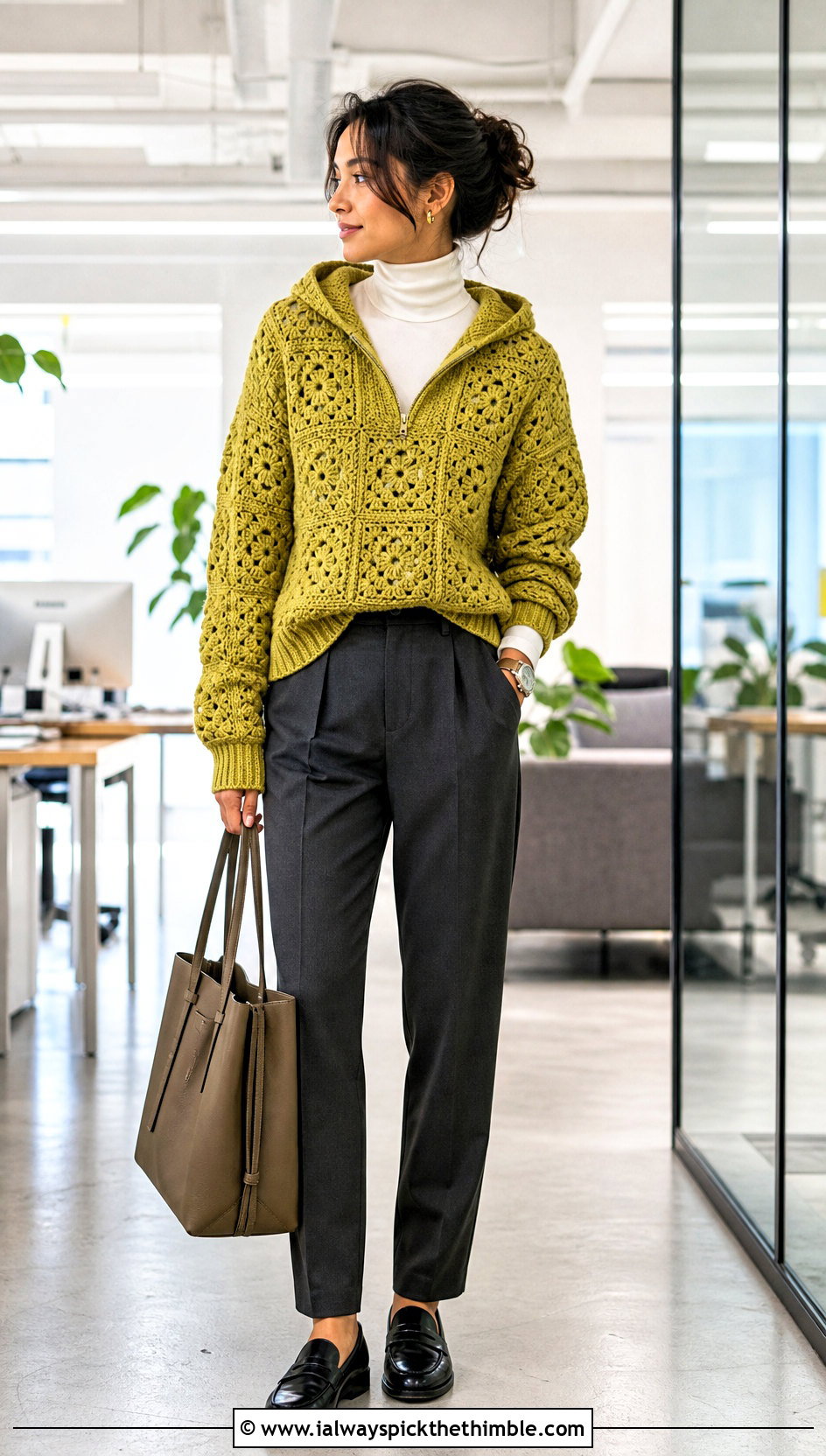 Quarter Zip Granny Square Hoodie With Pleated Trousers - 25 granny square hoodie outfit ideas