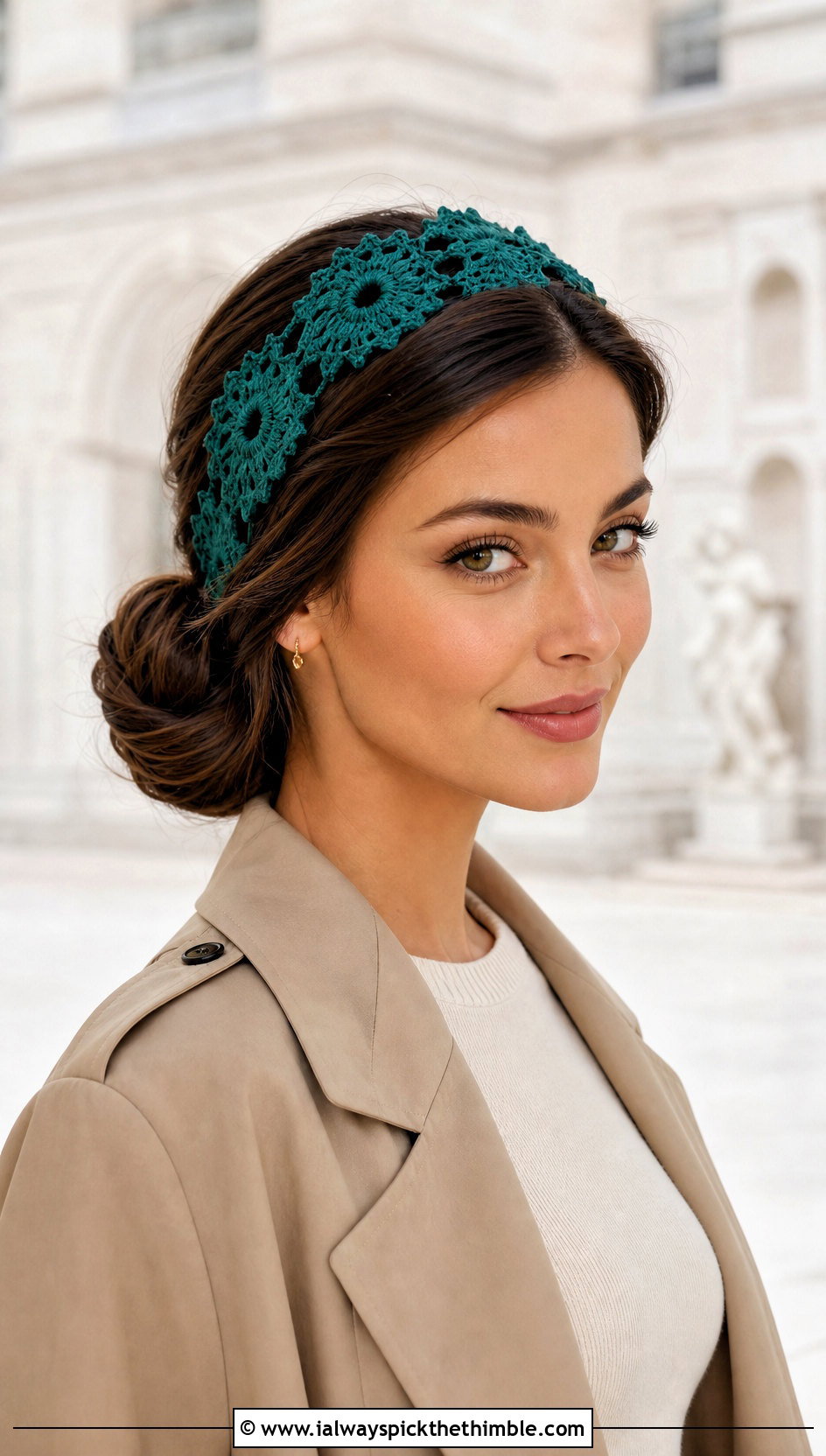 Queen Annes Lace Crochet Headband With Trench Coat - 20 lace crochet headband outfit ideas