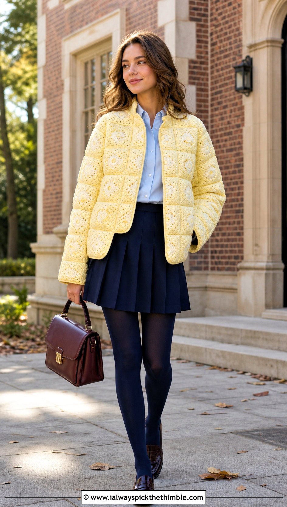 Quilted Mini Granny Square Puffer Jacket With Preppy Skirt - 15 granny square puffer jacket outfit ideas