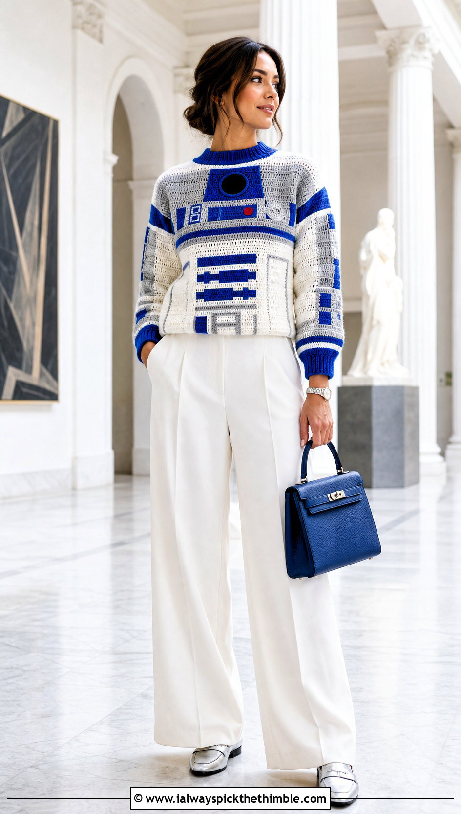 R2 D2 Color Block Crochet Sweater With White Trousers - 20 Star Wars Crochet Sweater outfit ideas