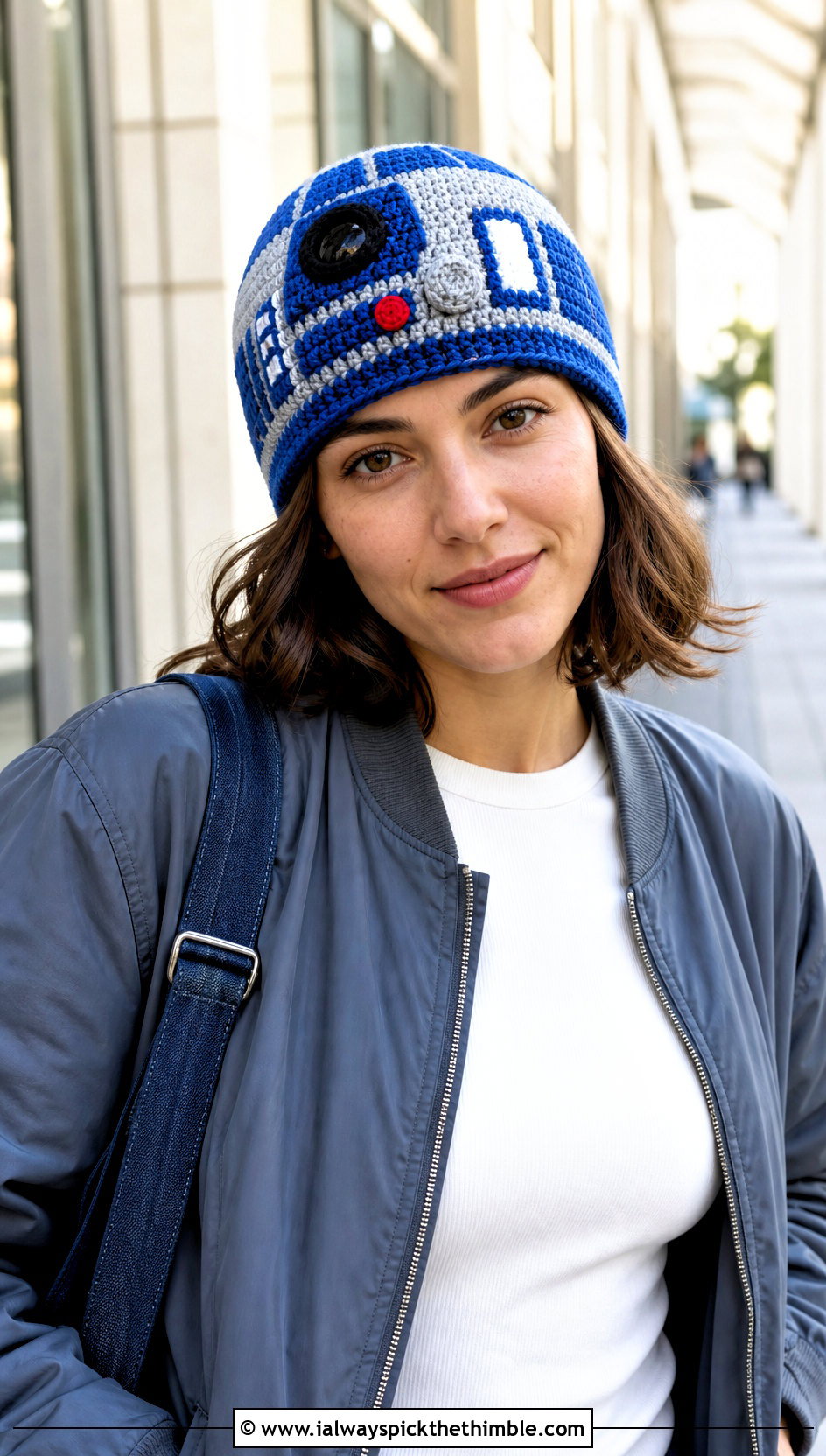 R2 D2 Crochet Cuff Beanie With Bomber Jacket - 20 crochet star wars hat outfit ideas