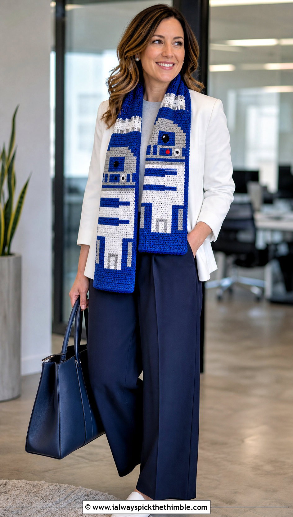 R2 D2 Pixel Scarf With White Blazer - 15 Crochet Star Wars Scarf outfit ideas