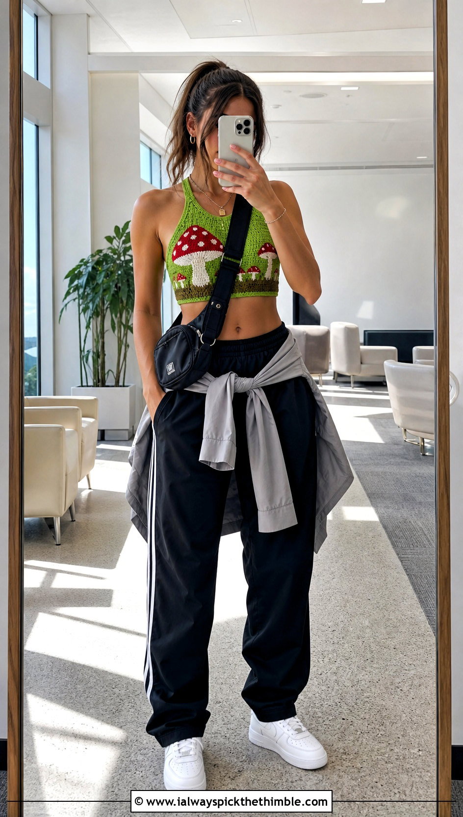Racerback Mushroom Crochet Crop Top With Track Pants - 15 Crochet Mushroom Crop Top outfit ideas