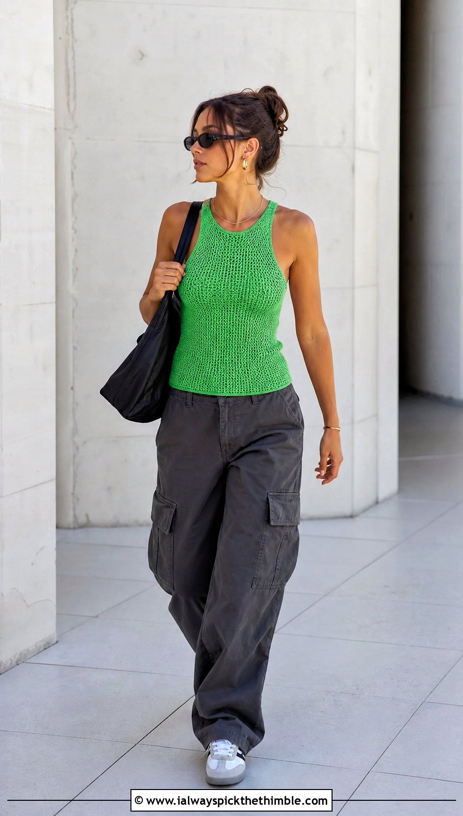 Racerback Solid Shell Stitch Crochet Tank Top With Cargo Pants - 15 solid shell stitch crochet tank top outfit ideas