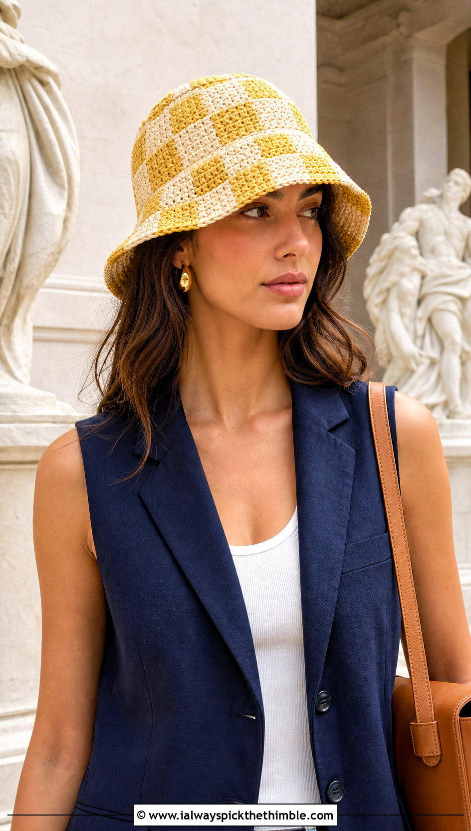 Raffia Checkerboard Crochet Bucket Hat With Tailored Shorts - 20 checkerboard crochet bucket hat outfit ideas