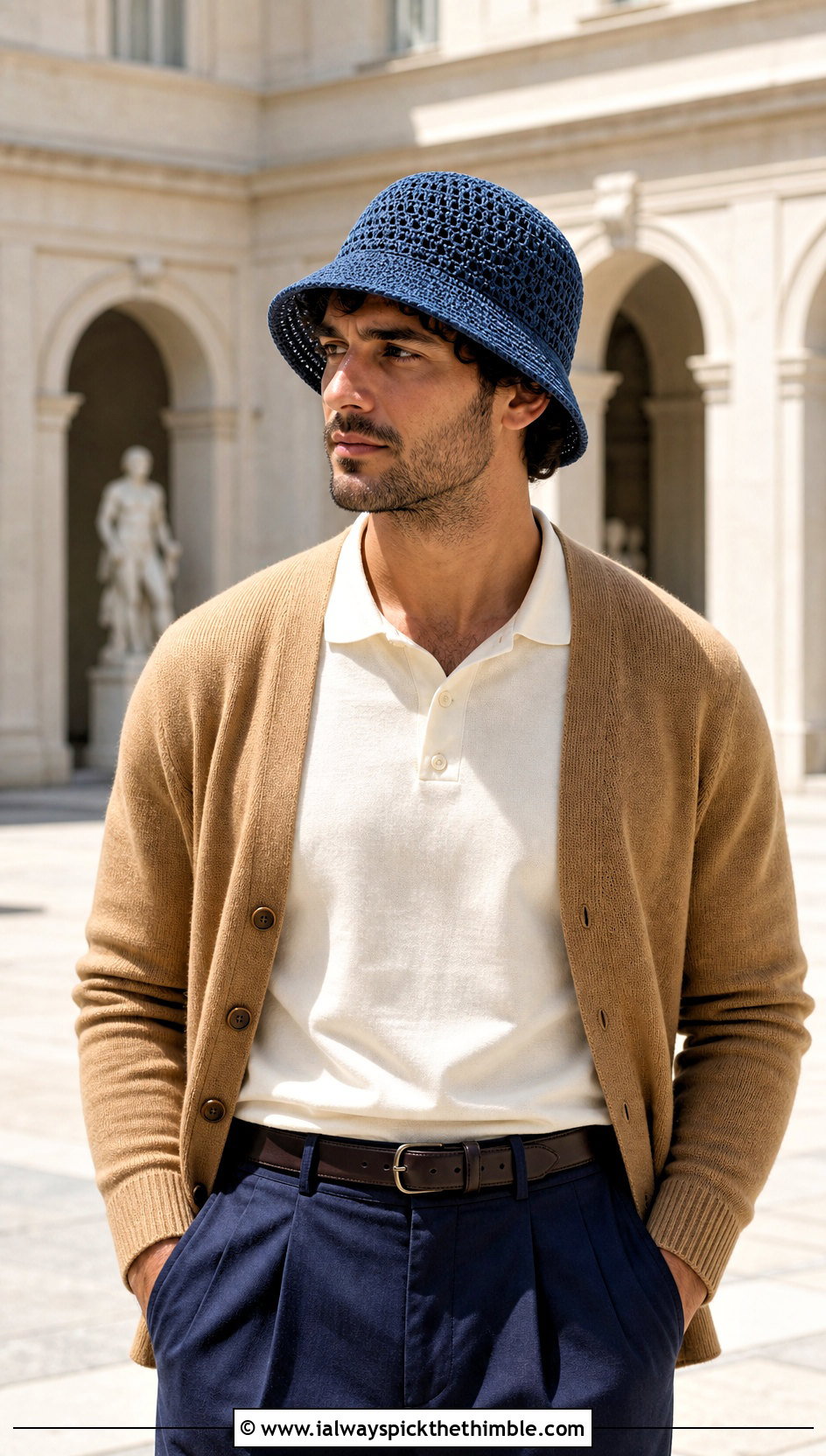 Raffia Crochet Bucket Hat With Cardigan And Pleated Chinos - 15 Crochet Mens Bucket Hat outfit ideas