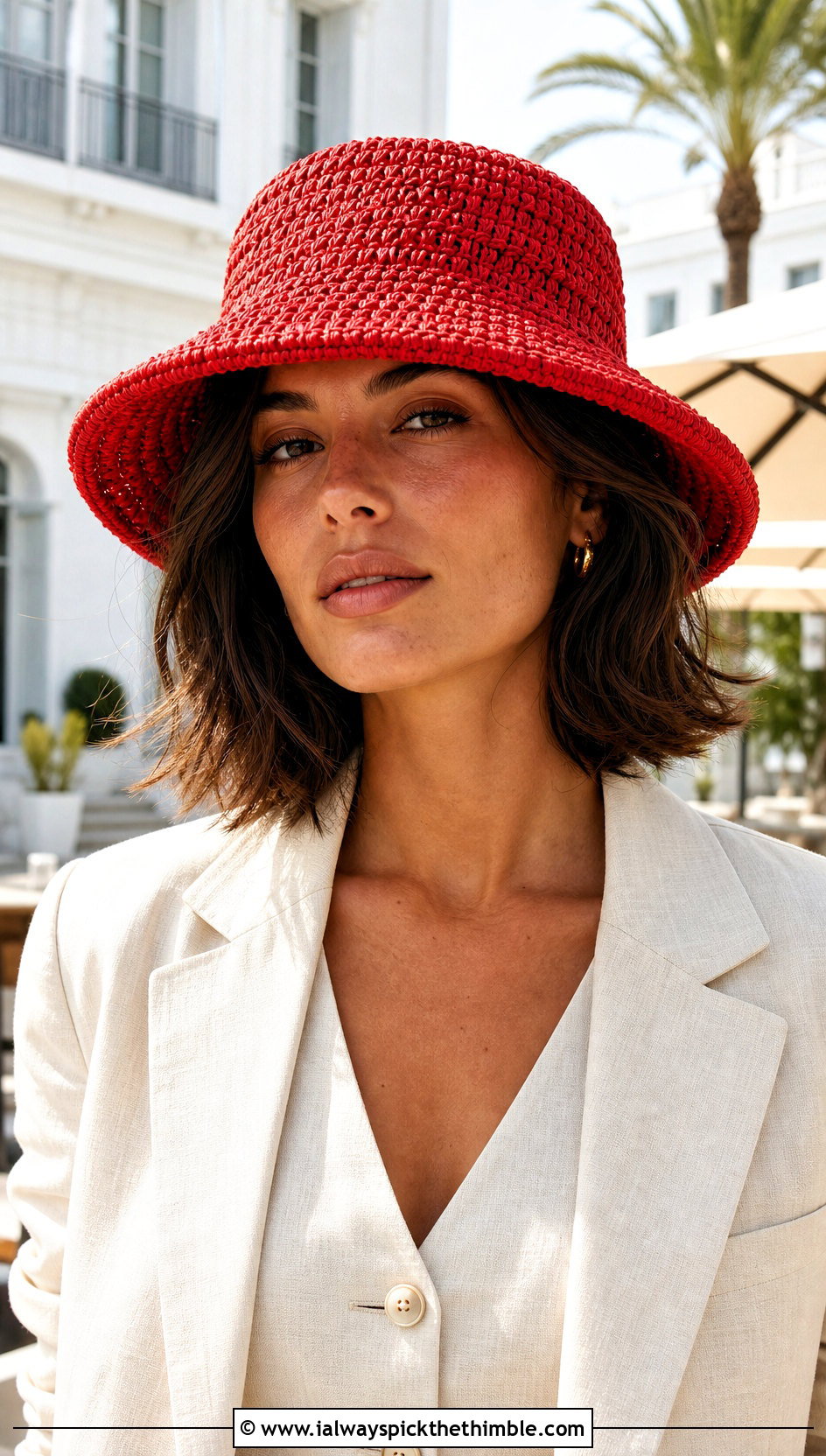 Raffia Crochet Bucket Hat With Linen Suit - 20 Fun Crochet Hat outfit ideas