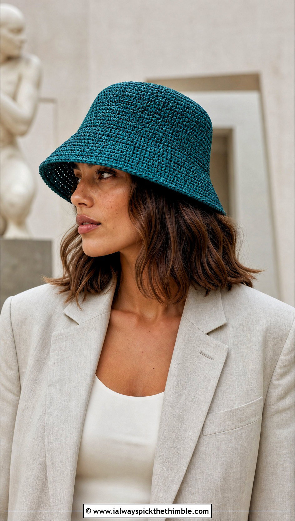 Raffia Crochet Bucket Hat With Linen Suit - 20 Crochet Bucket Hat For Women outfit ideas
