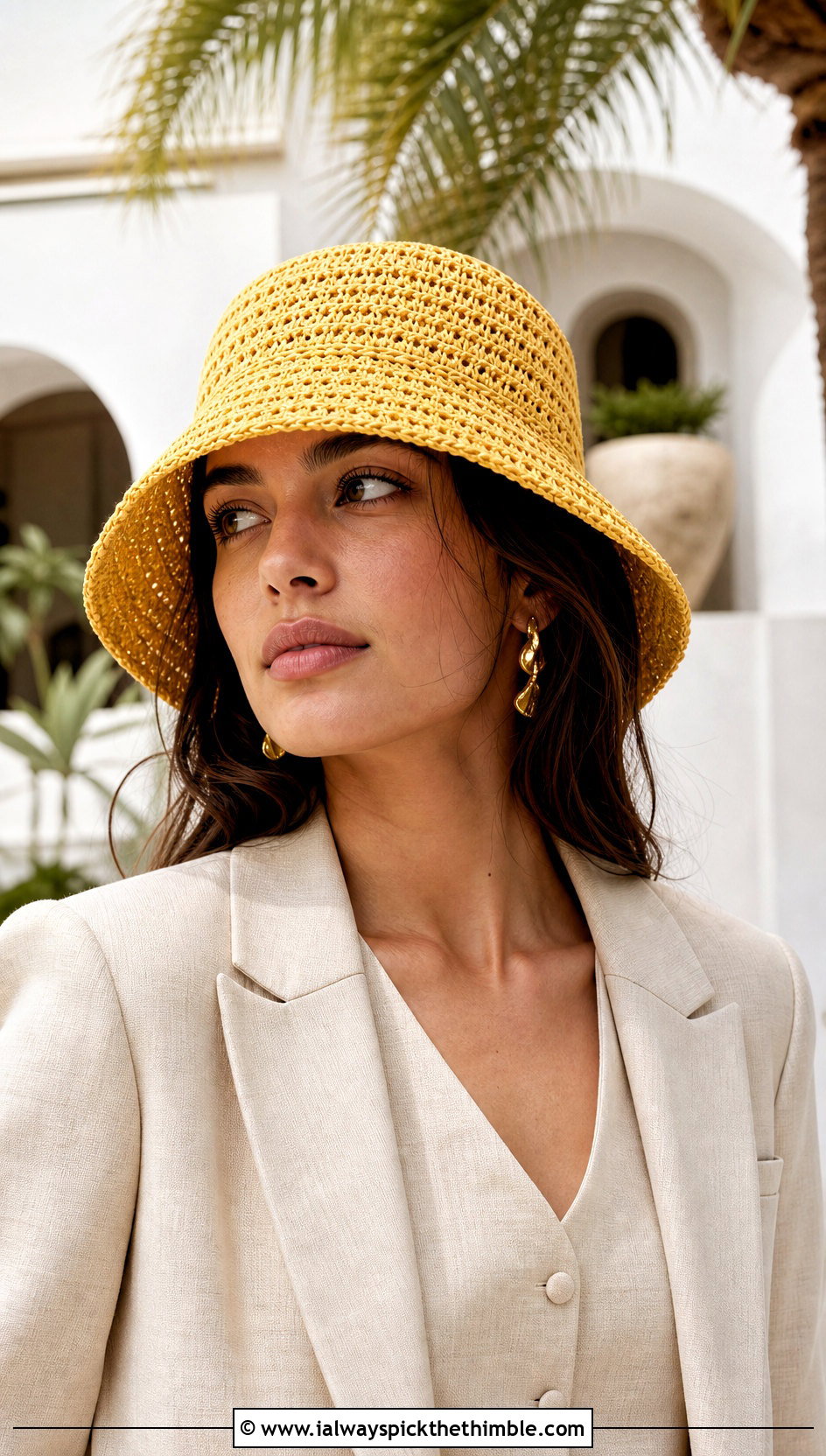 Raffia Crochet Bucket Hat With Linen Vest And Trousers - 20 Crochet Cute Bucket Hat outfit ideas