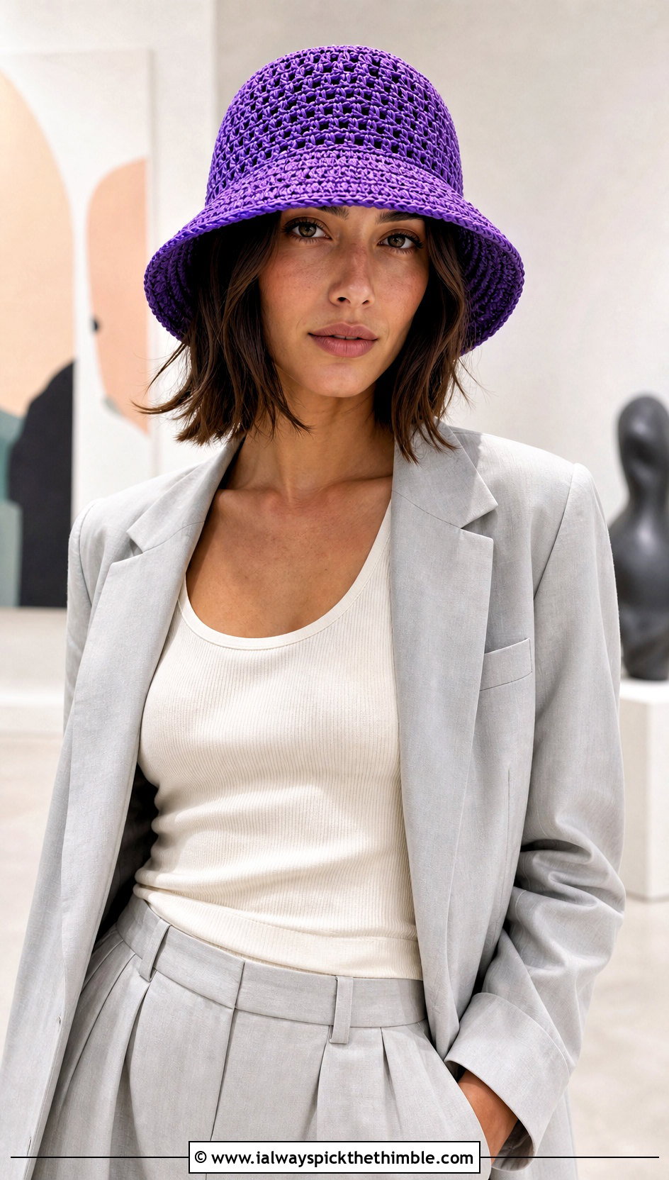 Raffia Crochet Bucket Hat With Tailored Trousers - 20 crocheting bucket hat outfit ideas