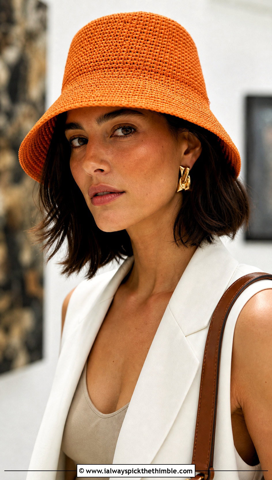 Raffia Crochet Bucket Hat With Tailored Vest - 25 crochet bucket hats outfit ideas