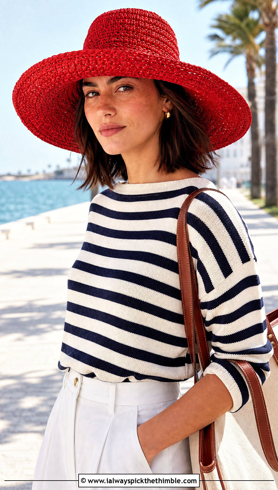 Raffia Crochet Wide Brim Hat With Striped Sweater - 20 Crochet Hats With Brim outfit ideas